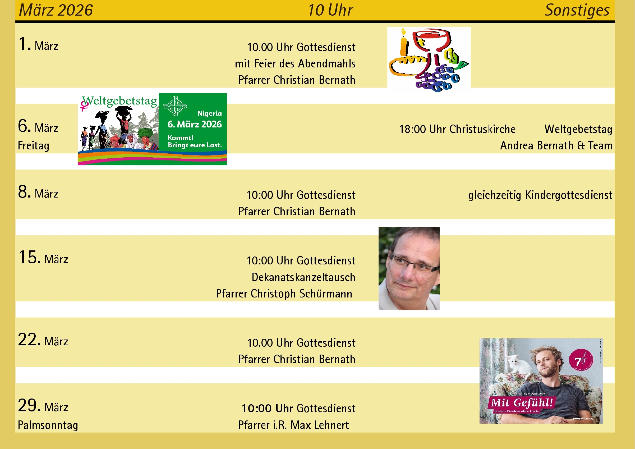 Gottesdienst Liste März 2026